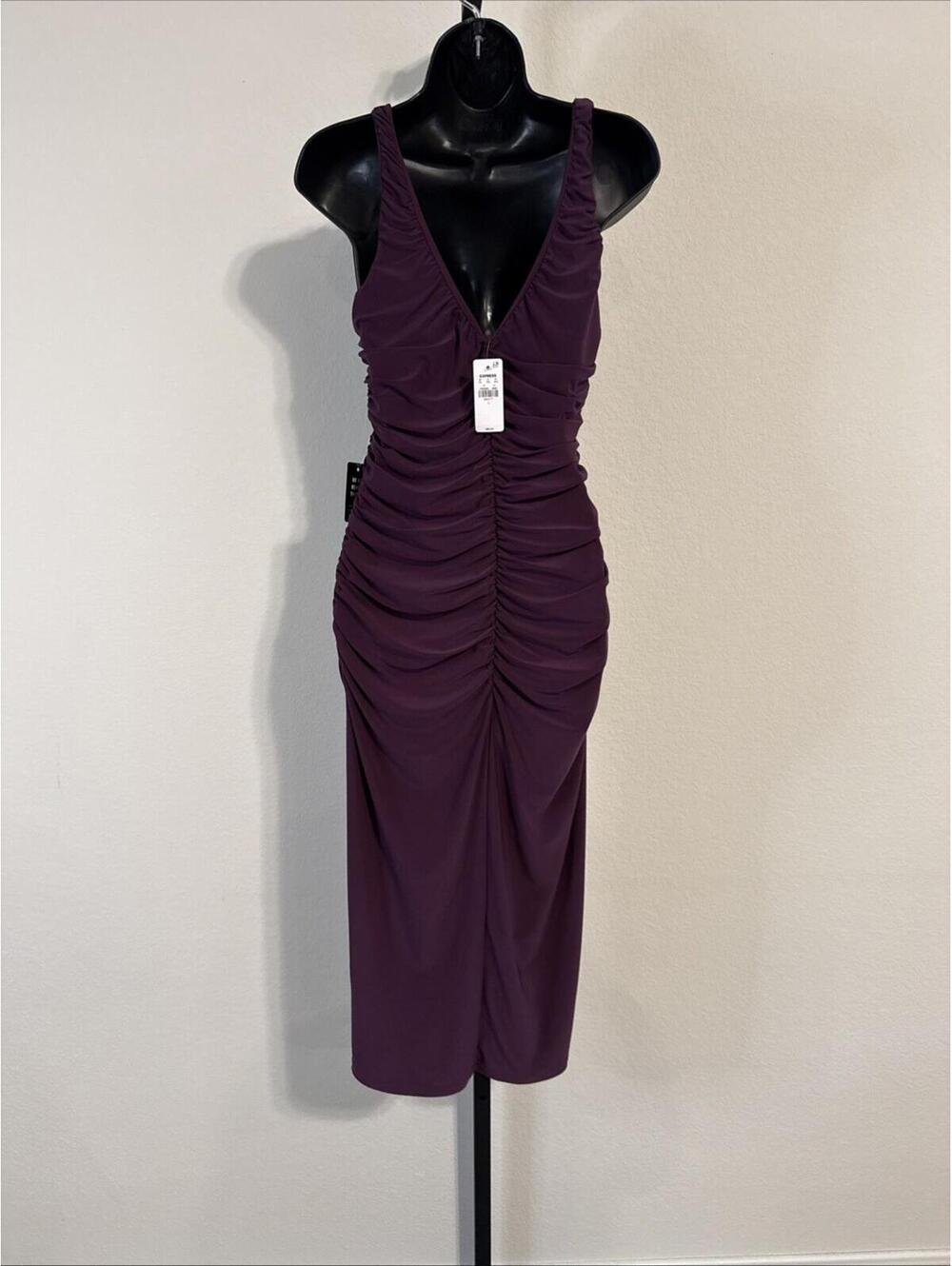 NWT Express Purple Ruched Spaghetti Strap V-Neck Dress - LRG - Picture 6 of 9